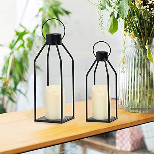 HPC Decor 모던 팜하우스 랜턴 장식 - 여름 밤을 위한 블랙 메탈 캔들 - 거실, 가정, 실내, 실외, 테이블, 벽난로 맨틀 장식용 타이머 깜박이는 양초 포함 랜턴 - size: 15inch and 12inch（Black）