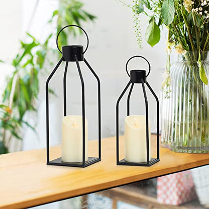 HPC Decor 모던 팜하우스 랜턴 장식 - 여름 밤을 위한 블랙 메탈 캔들 - 거실, 가정, 실내, 실외, 테이블, 벽난로 맨틀 장식용 타이머 깜박이는 양초 포함 랜턴 - size: 15inch and 12inch（Black）