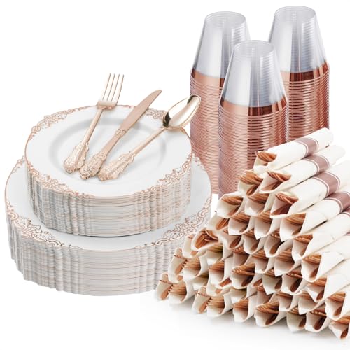 Bestluck 350PCS Rose Gold Disposable Dinnerware for 50 Guests - color: Rose Gold, size: 50 Guests Set