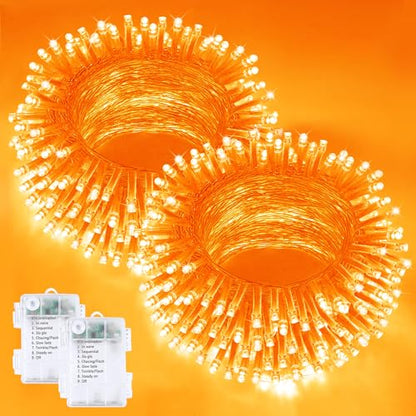 2 Pack 200 LED Battery Operated Halloween Lights, String Lights 8 Modes - color: Orange, size: 2PK(100LED)