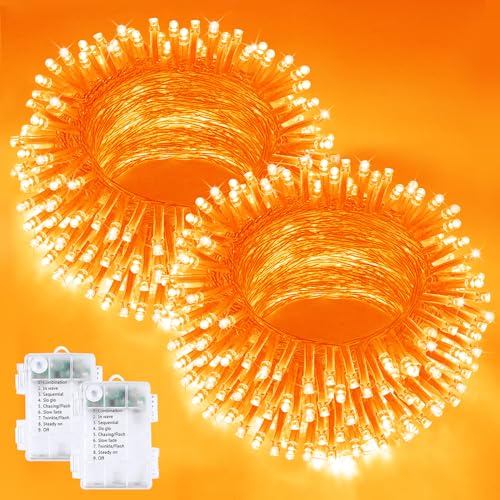 2 Pack 200 LED Battery Operated Halloween Lights, String Lights 8 Modes - color: Orange, size: 2PK(100LED)