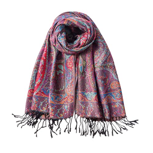 TUSHUSTY Pashmina Feel Shawls Wraps Rave Scarf for Women Soft Silky Reversible Men Scarves Hijab - color: Black Red Blue