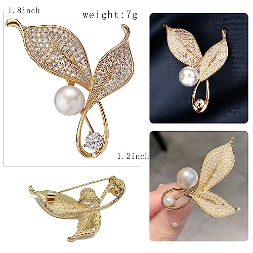 Crystal Pearl Flower Brooches Pins Fashion Beautiful Created Rhinestone Floral Brooch Good Idea for Party Dance Wedding Banquet for Elegant Women Girl - color: Gold Leaves