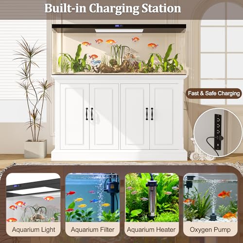 55-75 Gallon Fish Tank Stand with Power Outlet, Aquarium Stand with 4 Cabinets, Heavy Duty Reptile Tank Stand, Turtle Tank, Reptile Terrarium, White - color: White, size: 50x20x36.2 Inch