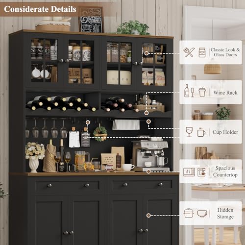 HOSTACK 75" Kitchen Pantry Storage Cabinet, Coffee Bar Hutch Cabinet, Black | Tall Pantry Cabinet with Charging Station / Wide Countertop / Glass Doors / Wine Rack / Cup Holder / Drawers, Dining Room - color: Black