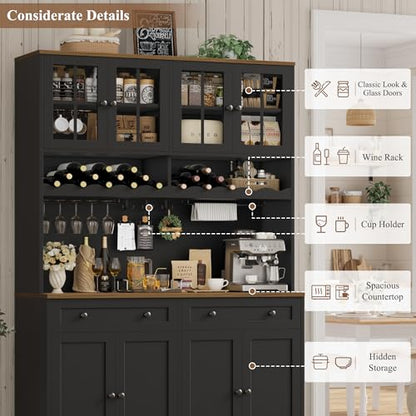 HOSTACK 75" Kitchen Pantry Storage Cabinet, Coffee Bar Hutch Cabinet, Black | Tall Pantry Cabinet with Charging Station / Wide Countertop / Glass Doors / Wine Rack / Cup Holder / Drawers, Dining Room - color: Black