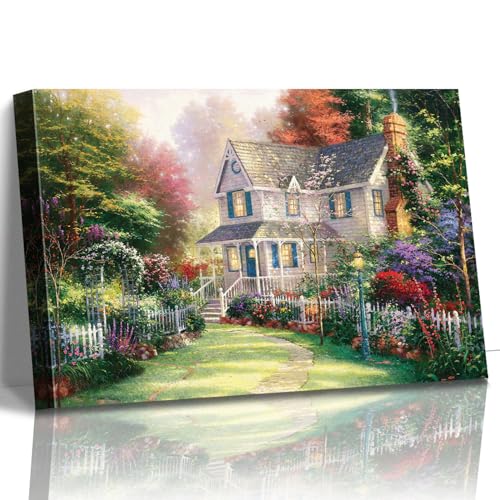 STUDIO HAVEN Thomas Kinkade Canvas Wall Art, White Cottage Sunlit Country Lush Flower Garden Fence and Charming Vibe Oil Painting Poster Rustic Wall Decor, Framed Prints for Home Decor, 16x12Inch - color: Thomas015, size: 16"L x 12"W