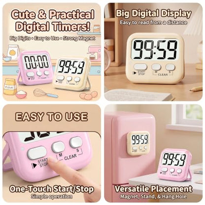 2 Pack Digital Timer for Kids Classroom Kitchen Timers for Cooking | w/ Battery, Easy to View, Alarm, Mute Mode, Count Down/Up, Magnetic, Kickstand, Hanging, Classroom Timer for Teacher Supplies - color: 2 * Lovely Pink + Light Peach