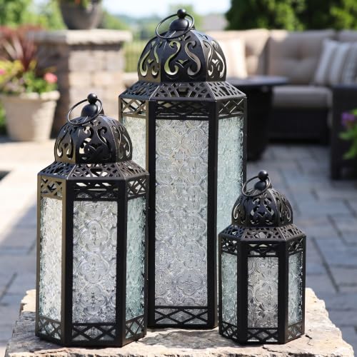 VELA LANTERNS Set of 3 Clear Glass & Black Metal Moroccan Candle Lantern Holders (XL, Large, Small) - Decorative Indoor/Outdoor Decor for Patio, Floor, Weddings & Ramadan - color: Clear