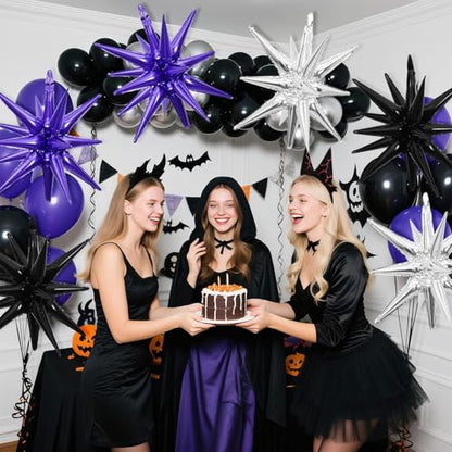 Black Purple Silver Star Balloons, 6PCS 22 Inch Foil Explosion Star Balloon - color: Black Purple Silver