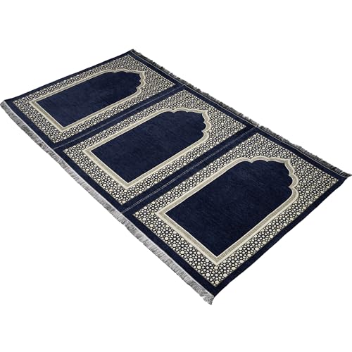 Modefa Turkish Islamic Prayer Mat - Wide Chenille Praying Mat - Multi Person Muslim Janamaz Sajada for Family - Large Gathering & Group Praying Carpet - Selcuk Star 3 Person (Navy Blue) - color: Navy Blue