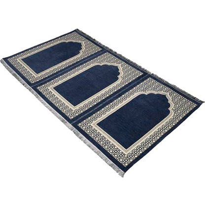 Muslim Thin Chenille Islamic Prayer Mat - Selcuk Star 3 Person (Navy Blue) - color: Navy Blue