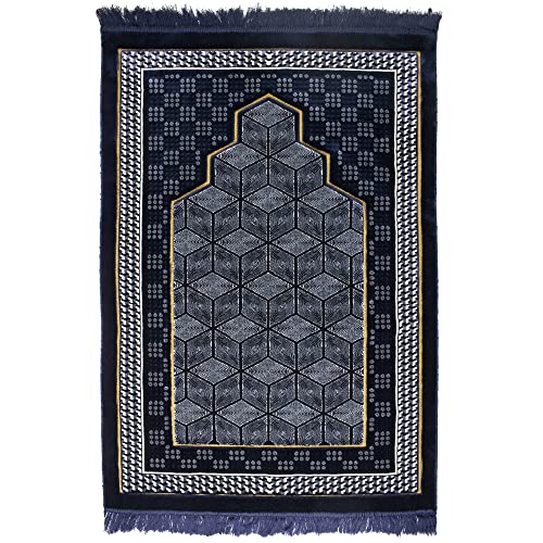 Modefa Turkish Islamic Velvet Prayer Rug - Thick Wide Soft Praying Carpet for Men & Women - Double Plush Large - Eid & Ramadan Gift with Kufi Beads & Car Hanger - Geometric Noor (Dark Blue) - color: Dark Blue