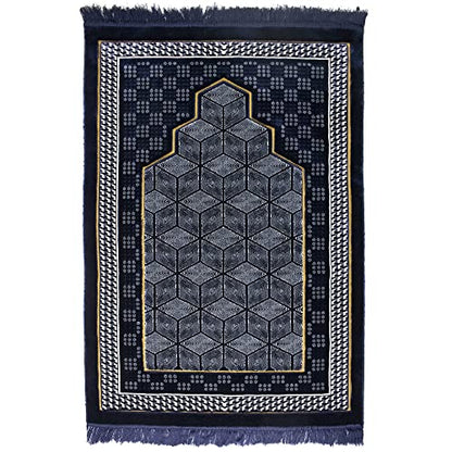 Modefa Turkish Islamic Velvet Prayer Rug - Thick Wide Soft Praying Carpet for Men & Women - Double Plush Large - Eid & Ramadan Gift with Kufi Beads & Car Hanger - Geometric Noor (Dark Blue) - color: Dark Blue