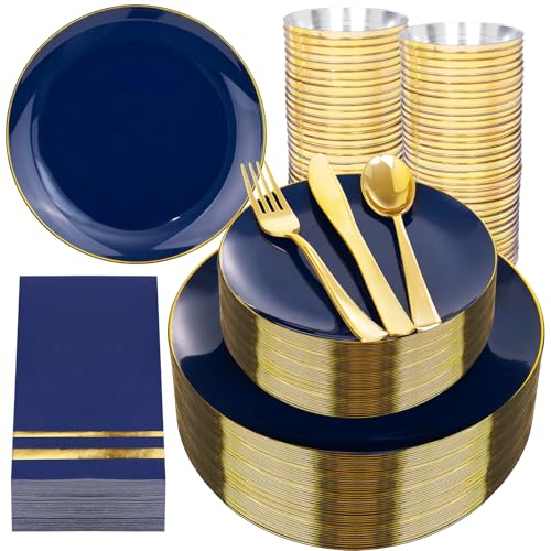 NOCCUR 350PCS Navy Blue Plastic Plates - Blue Disposable Dinnerware Set for 50 Guests, 100 Dinner/Dessert Plates, 150 Gold Silverware, 50 Cups&50 Napkins for Party/Wedding/Graduation/Independence Day - color: Navy Blue