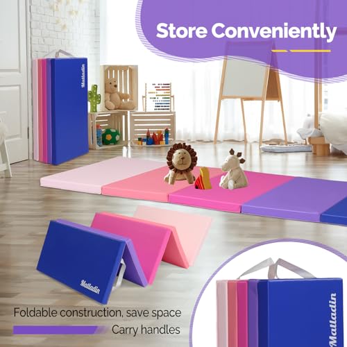 Matladin Folding Gymnastics Gym Exercise Aerobics Mat, 76"L x 30"W x 1.5"Th Folding Exercise Mat, Easy to Clean PU Leather Tumbling Mats for Stretching Yoga Cheerleading Martial Arts, Kid Play(Pink ,Blue） - color: Pink ,Blue Gradient