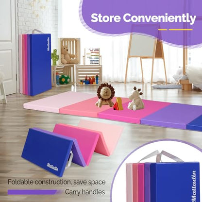 Matladin Folding Gymnastics Gym Exercise Aerobics Mat, 76"L x 30"W x 1.5"Th Folding Exercise Mat, Easy to Clean PU Leather Tumbling Mats for Stretching Yoga Cheerleading Martial Arts, Kid Play(Pink ,Blue） - color: Pink ,Blue Gradient