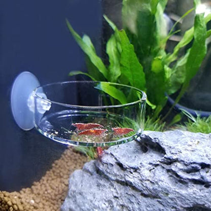 Aquarium Glass Feeder Shrimp Feeding Dish Round Clear Fish Tank Food Tray Container Prevent Food Spilling with Suction Cup, 65mm