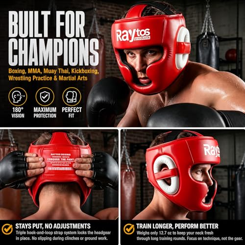 Boxing Headgear for Men Women – Professional Lightweight Open Face Head Guard, Breathable Protection, Secure Fit for MMA Muay Thai Kickboxing Sparring Training - color: Red