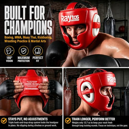 Boxing Headgear for Men Women – Professional Lightweight Open Face Head Guard, Breathable Protection, Secure Fit for MMA Muay Thai Kickboxing Sparring Training - color: Red