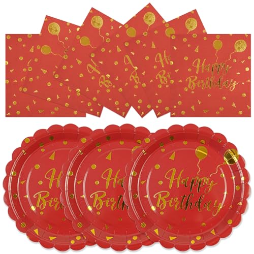 50PCS Happy Birthday Paper Plates and Napkins Party Decorations - 7 Inch Scalloped Red and Gold Dessert Plates and 6.5 Inch Napkins Disposable Tableware Set Birthday Party Supplies, Serves 25 - color: Red and Gold