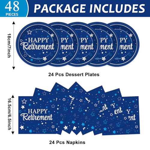 Qyeahkj 48Pcs Happy Retirement Paper Plates and Napkins Retirement Party Decoration Farewell Party Supplies Blue Silver Disposable Paper Dessert Tableware Set for Women Men Leaving Graduation Serve 25 - style: Retirement