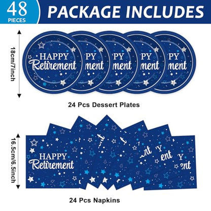 Qyeahkj 48Pcs Happy Retirement Paper Plates and Napkins Retirement Party Decoration Farewell Party Supplies Blue Silver Disposable Paper Dessert Tableware Set for Women Men Leaving Graduation Serve 25 - style: Retirement