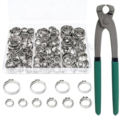 125PCS Sieqioor 10 Sizes Single Ear Clamp Kit,304SS 5.3-29.6mm, With Pincer | 304 Stainless Steel Single Ear Hose Clamp, Stepless Hose Clamps Cinch Rings for Automotive, Home Appliance Line and Plumbing - size: 125pcs+1pcs Pincer