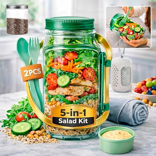 Salad Jar with Side Opening, 35oz Leakproof Salad Container with Dressing Cup, Reusable Cutlery & Cleaning Cloth, BPA-Free Tritan Lunch Jar for Meal Prep, Office, Gym, Travel & Healthy Lunches
