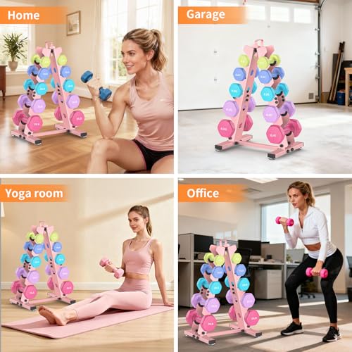 TomCare 6-Tier|5-Tier|4-Tier|2-Tier Dumbbell Rack Stand Only for Home Gym | Stable A-Frame, Fits 5–35 lb Dumbbells, Protective Padded Cradles, Adjustable Feet, Easy-Carry Handle (Stand Only) - color: Pink, size: 5 Tier