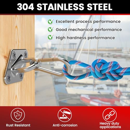 sprookber 304 Stainless Steel Pad Eye Snap Hooks, M8 Heavy Duty Ceiling Hook, 1200 lb Capacity Hammock Swing Hanging kit, Plant Hangers, Marine Hardware Staple Hook Loop with Screws, Set of 8 | Hanging Kit with Screws for Hammock Chair Swing, Yoga Gym Equ