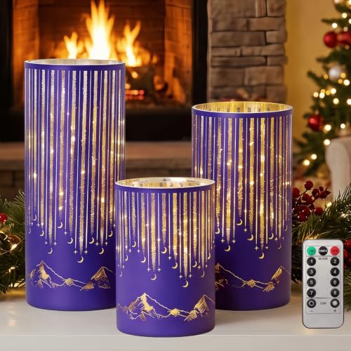 Purple Illuminated Starry Night Hurricanes - Set of 3 Decorative Glass Candle Holders with Remote & Timer, Built-in LED Flickering Lights for Table Centerpiece, Wedding, Mantle,Party, Holiday Decor - color: Purple