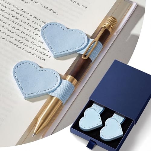 2Pcs Magnetic Leather Bookmarks with Gift Box, Heart-Shaped Magnetic Pen Holder Book Marks Clip Gift for Book Lover Readers Cute Bookmark for Women, Light Blue - color: Light Blue