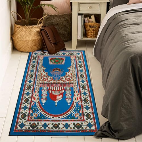 Muslim Prayer Rug Turkish Islamic Prayer Mat Thick Praying Carpet Janamaz Sajjadah Namaz Seccade Arabic Prayer Rug for Eid Ramadan - color: Blue-1