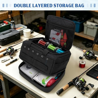 HODRANT Double-layer Fishing Line Storage Bag, Line & Reel Management Case with 5 Removable Dividers & 6 Grommets, Tackle Gear Organizer Tangle-Free Leader Spool Dispenser for Travel & Kayak, Bag Only