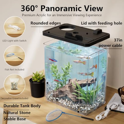 2 Gallon Betta Fish Tank Aquarium Starter Kit with Light and Lid(Black) | Premium Acrylic Aquarium with Light and Lid, Crystal Clear Starter Kit for Betta Fish, Shrimp, Snails and Small Fish - color: Black, size: 2 Gallon