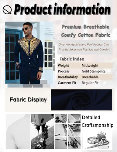 Mens African 2 Piece Set Metallic Traditional Suit Gold Stamp Printed African Dashiki Shirt and Pants Outfit - color: Navy Blue, size: X-Large