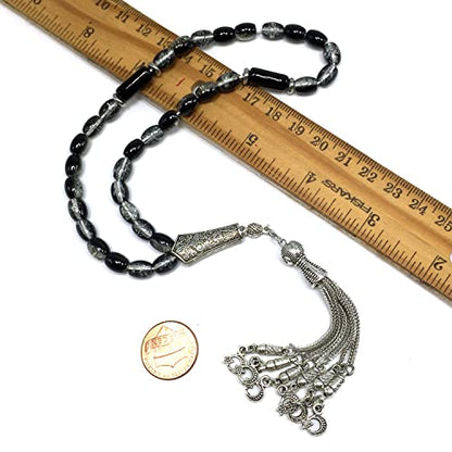 Transparent Crackle Black Glass Worry Beads, Prayer Beads, Tesbih, Tasbih, Tasbeeh, Rosary, Misbaha, Masbaha, Subha, Sebha (8x6mm-33 Beads) - color: Transparent Crackle Black Glass -8x6mm-33 Beads