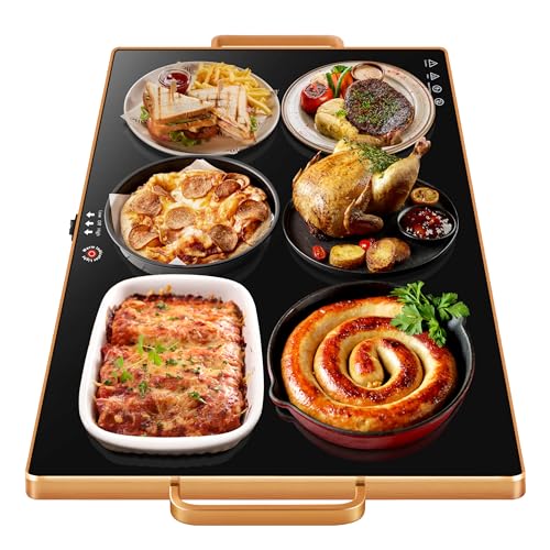 Warming Trays for Buffets Party, 32"x18", Tempered Glass Food Warmer, Black | Keep Food Warm, Gold Handles Food Warming Mat for Daily Use, With Thermostat, Button Temperature Control, Full Surface Warm - color: Black, size: Extra Large-32"x18"