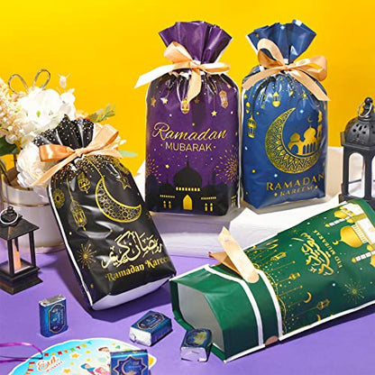 Funrous 40 Pcs Eid Mubarak Gift Bags Plastic Treat Bags Ramadan Theme Clear Printed Drawstring Bags Eid Candy Goodie Bags Castle Moon Star Snack Wrap Bags for Party Decorations Favors, 4 Designs