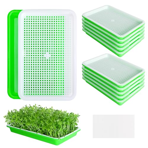 EBaokuup 10 Pack Seed Sprouter Tray with Drain Holes - BPA Free Seed Garden Plant Germination Propagation Trays, Soil-Free Wheatgrass Tray Sprouter Microgreens Growing Kit with Germinating Paper - color: Green,10pack