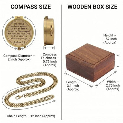 Compass – Brass Directional Vintage Compass Engraved with “Be Strong and Courageous” Joshua 1:9 Bible Verse, Baptism 2026 Communion Christian Inspirational Gifts for Women/Men - style: Be Strong 3- Wood Box