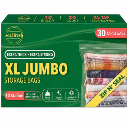 Seal Fresh 10 Gallon Large Plastic Storage Bags – 24" x 24" (30 Count) – Reusable XXL Extra Large Clear Jumbo Zip Bags with Sealable Zipper Top For Clothes, Travel, Moving - size: 10 Gallon - 30 Pack