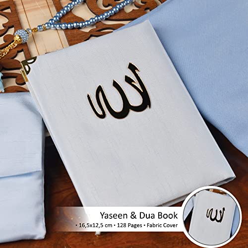 BABY SHOWER CHOCOLATE Prayer Rug Islamic Gift Set, Velvet Prayer Mat, Prayer Beads, Scarf and Yaseen Book, Perfect Family and Muslim Eid Gifts (Blue) - color: Blue
