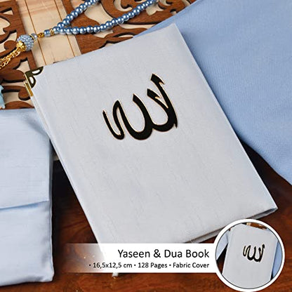 BABY SHOWER CHOCOLATE Prayer Rug Islamic Gift Set, Velvet Prayer Mat, Prayer Beads, Scarf and Yaseen Book, Perfect Family and Muslim Eid Gifts (Blue) - color: Blue