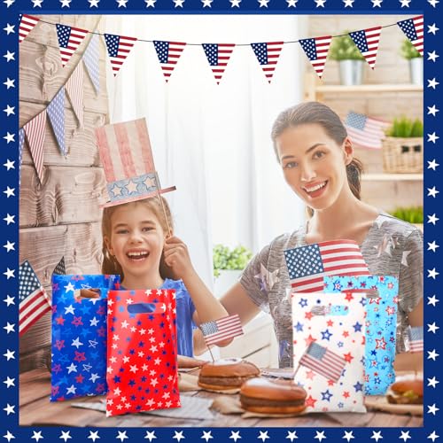 Geyoga 100 Pcs Patriotic Party Favor Bags Bulk 10 x 6 4th of July Gift Bags with Handles Red White Blue Treat Bag 250th Anniversary Plastic USA Flag Candy Bag for Independence Day Party Supplies - style: Independence Day
