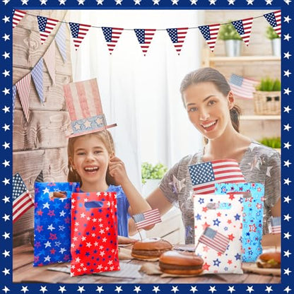 Geyoga 100 Pcs Patriotic Party Favor Bags Bulk 10 x 6 4th of July Gift Bags with Handles Red White Blue Treat Bag 250th Anniversary Plastic USA Flag Candy Bag for Independence Day Party Supplies - style: Independence Day