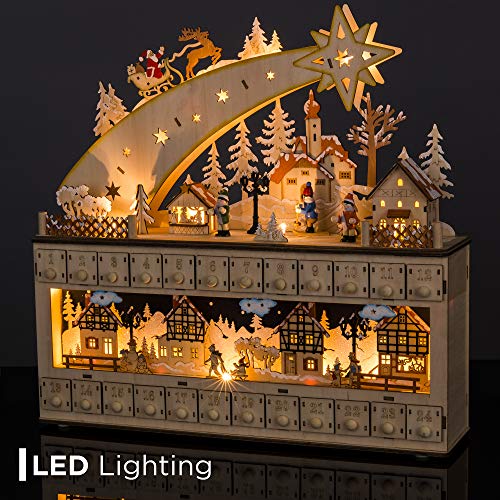 Best Choice Products Wooden Christmas Advent Calendar, Shooting Star Holiday Decoration w/Battery-Operated LED Light Background