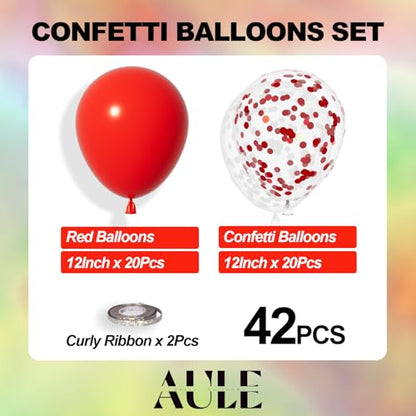 AULE Party Balloons Pack of 42-12in Red Confetti Balloons & Red Latex Balloons and 64ft Ribbons - 12 Inches Balloons Decorations Set - color: Red