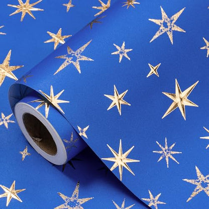 RUSPEPA Blue and Gold Eid Wrapping Paper Roll, Mini Roll, Royal Blue 3D Embossed Foil Star Design, Kraft Gift Wrap Paper for Ramadan, Wedding, Birthday, Baby Shower, Holiday, 17 Inches x 16.4 Feet - color: Blue Gold Foil Star, size: 17 in x 16.4 ft
